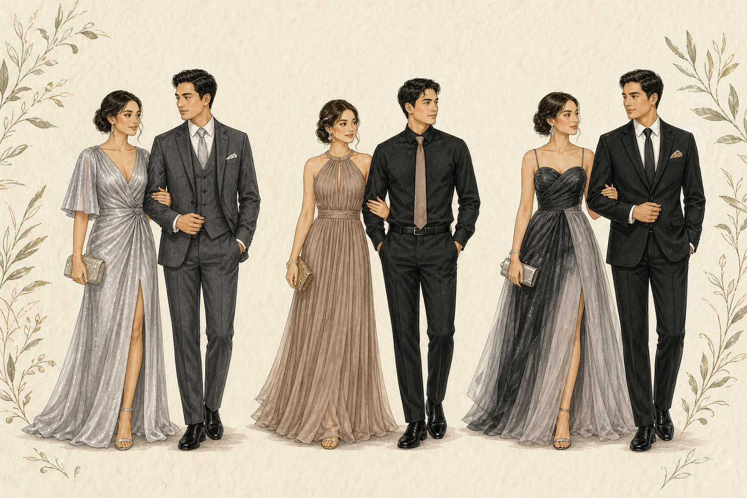 Illustrated examples of three guest couples in silver, taupe, charcoal, and black formal attire.