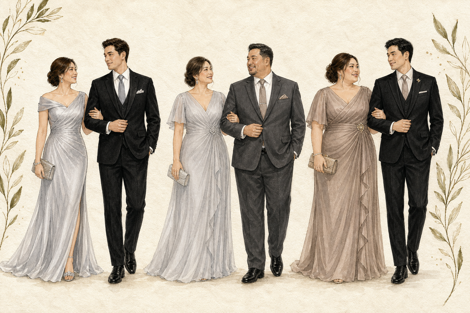 Illustrated examples of three Ninang and Ninong couples wearing silver, light grey, warm taupe, black, and charcoal formal attire.